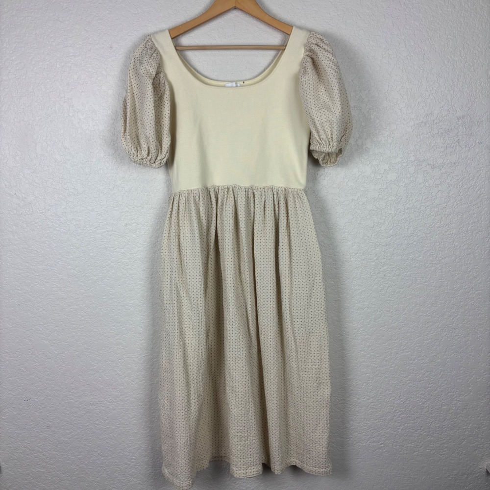 Things Between Midi Dress Womens Sz Medium M Cream Diamond Dot Cottagecore Boho